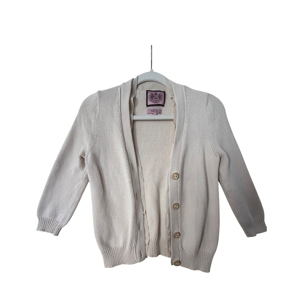 Juicy Couture Cream Italian Yarn Ruffle Trim Button Front Cardigan Sweater Small